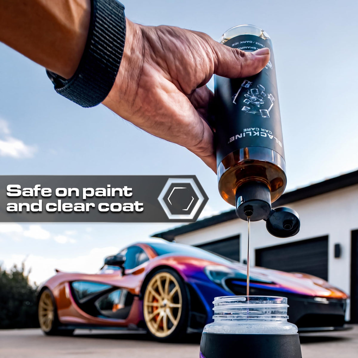 Blackline foam rinsing off wheels illustrating gentle lift of brake dust and grime