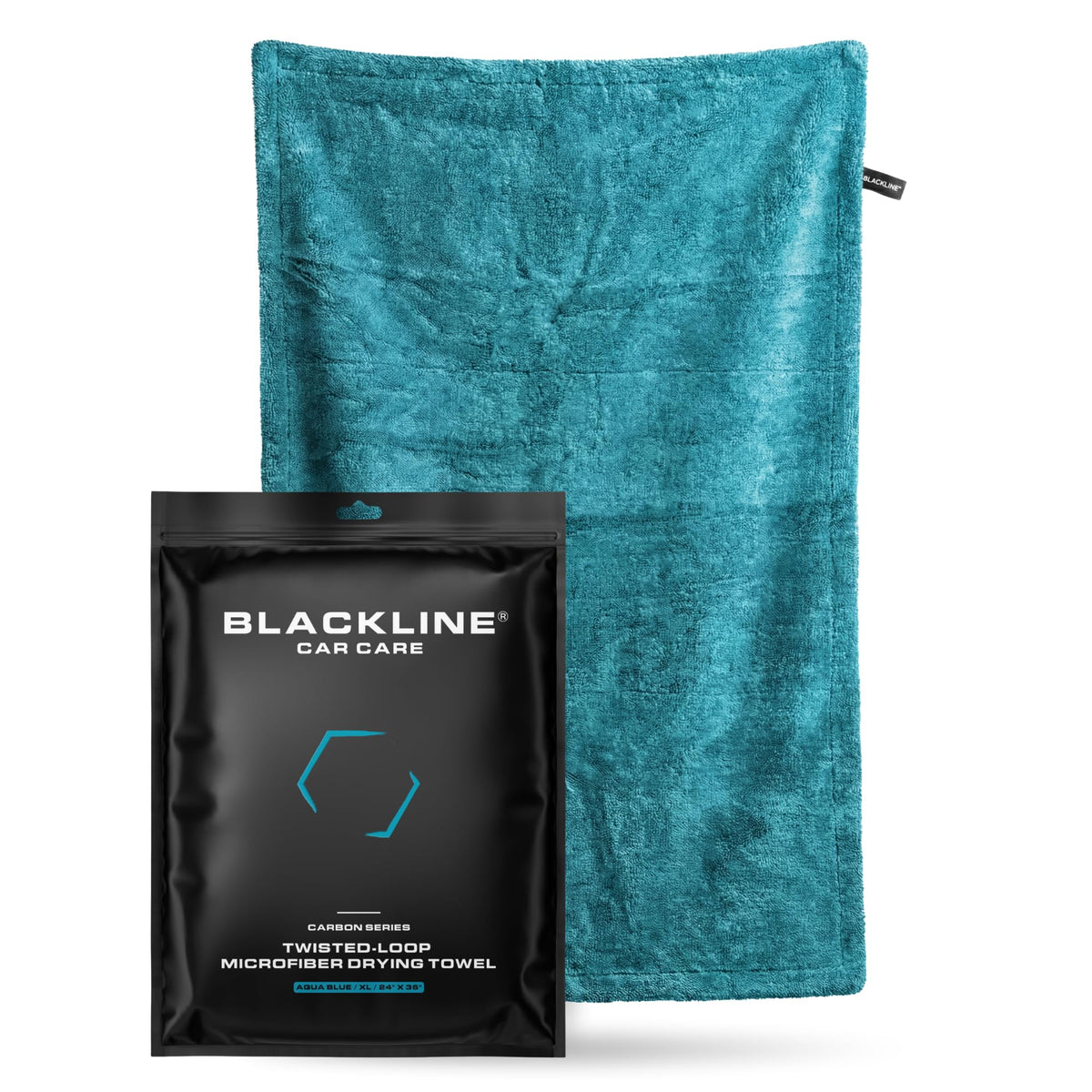 Blackline front view of folded drying towel showing clean brand and size for fast drying