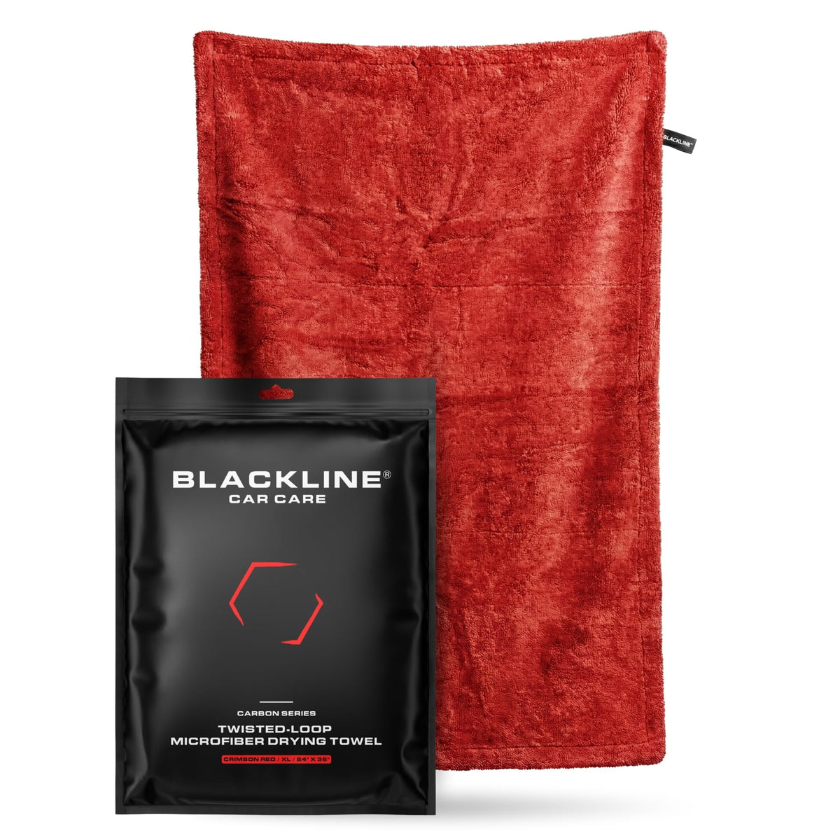 Blackline front view of towel showing full 24x36 size and quick drying benefit