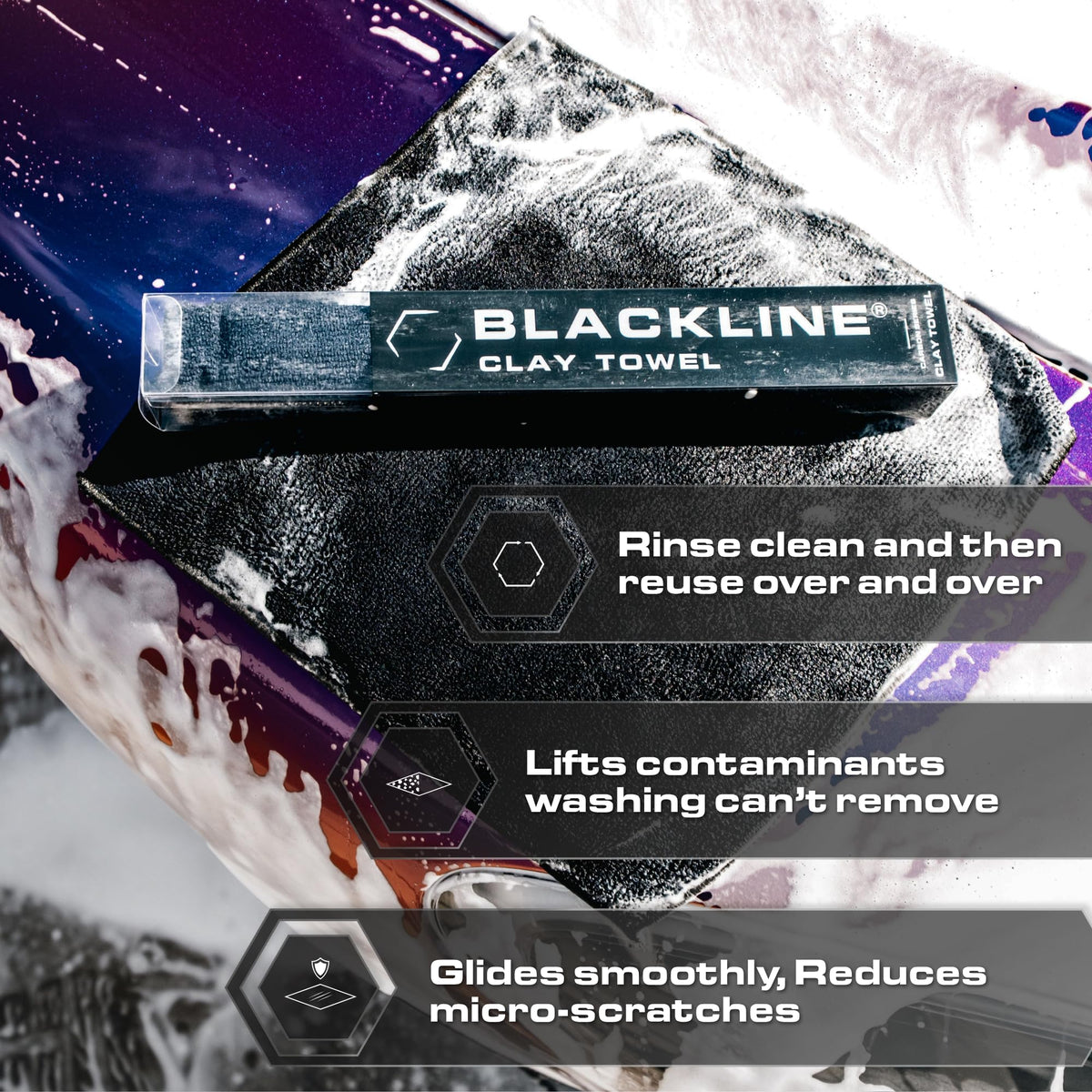 Blackline towel held in hand showing actual size and convenience