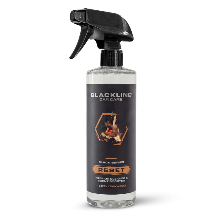 Blackline Reset front label showing teakwood scent and premium benefits