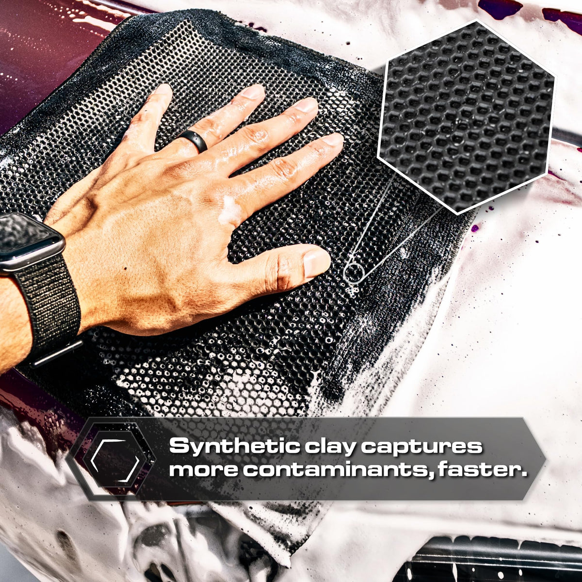 Blackline towel being used on a car hood for faster decontamination