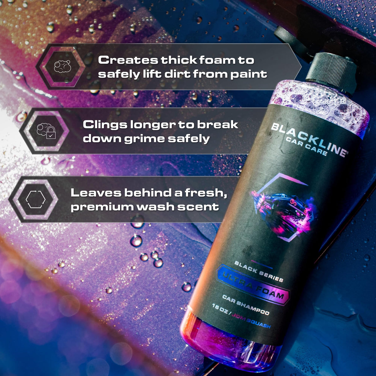 Blackline foam cannon spraying thick foam onto car surface for easier cleaning