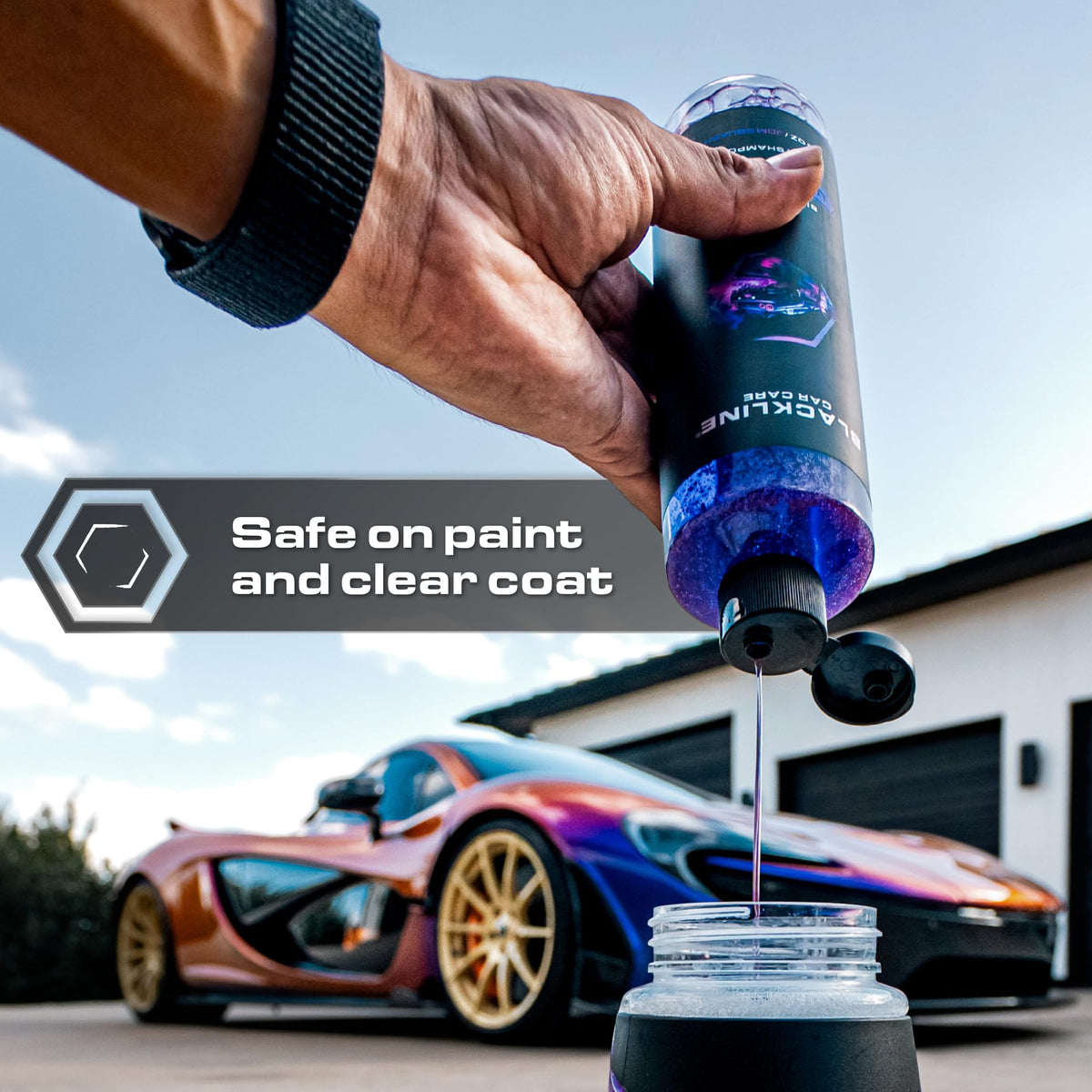 Blackline foam rinsing off a ceramic-coated panel with safe cleaning