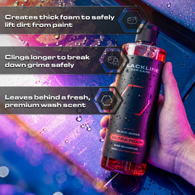 Blackline shampoo used with a mitt on a car hood protecting paint while cleaning