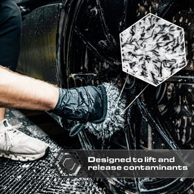 Blackline mitt cleaning wheel spokes showing safe grime removal