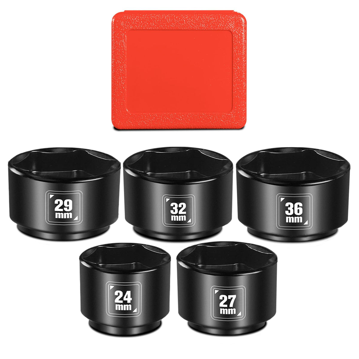 BLACKROBOT front view of socket set showing five sizes and case, durable kit benefit