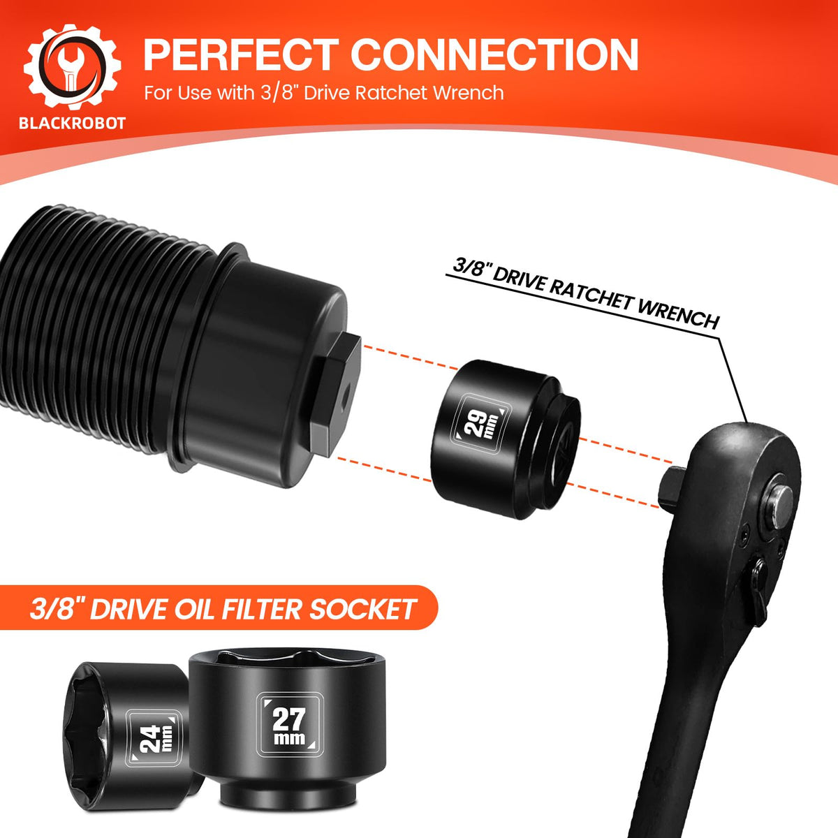 BLACKROBOT socket mounted on oil filter cap showing secure grip and anti-slip benefit