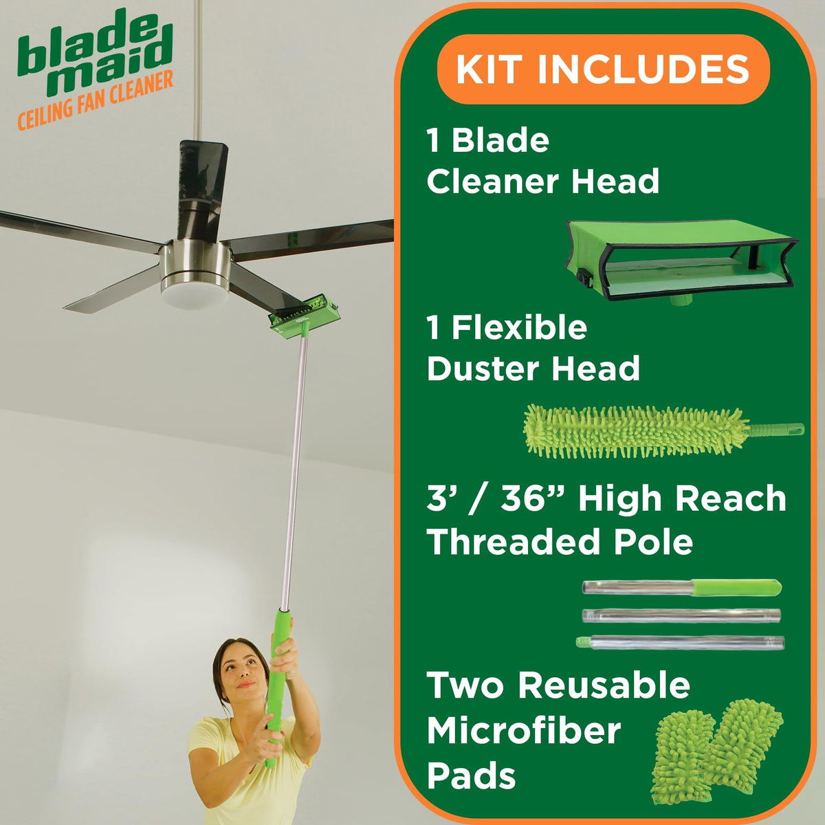 Blade Maid close-up of four-sided microfiber pad capturing dust for efficient cleaning