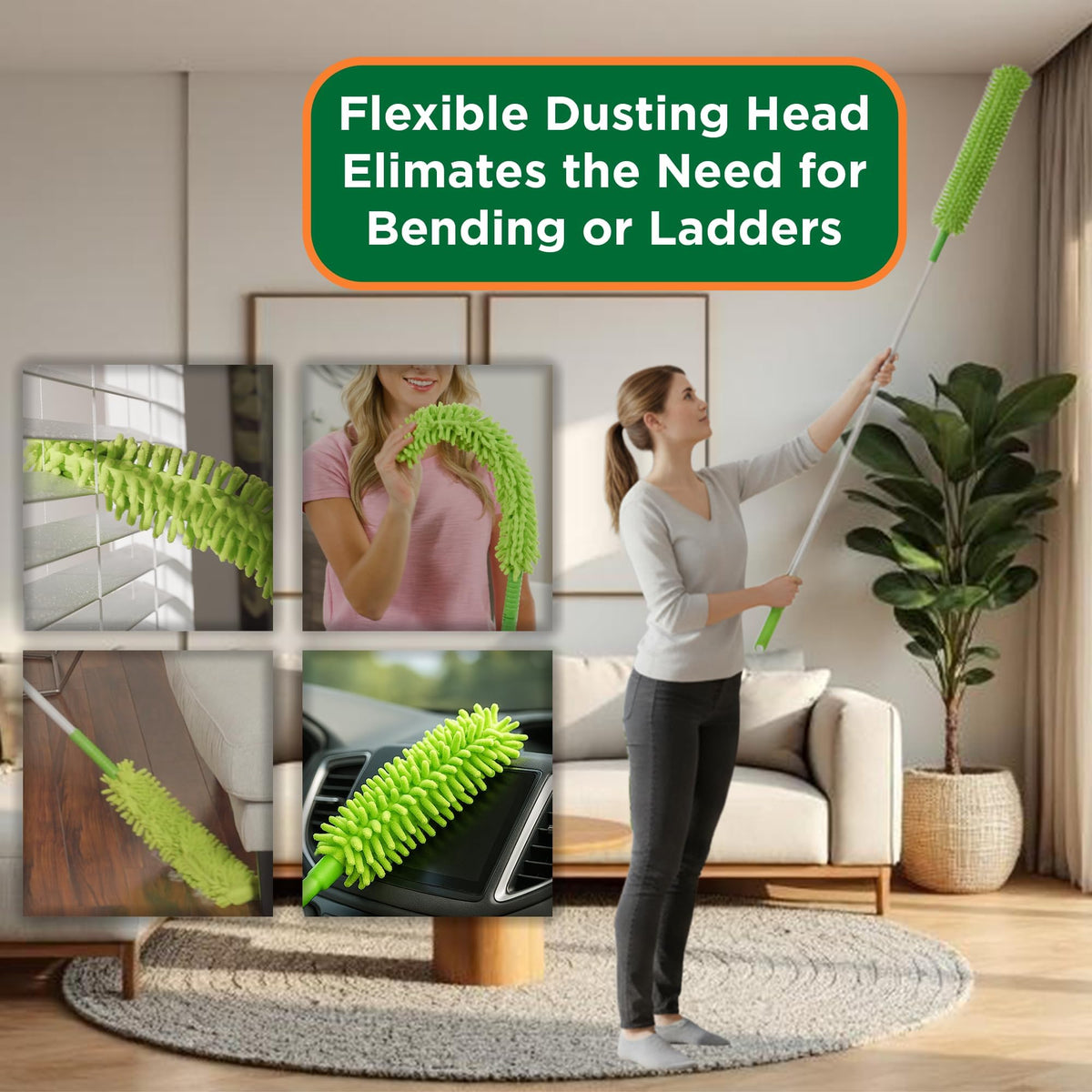 Blade Maid extended pole in use reaching a ceiling fan for safer high cleaning