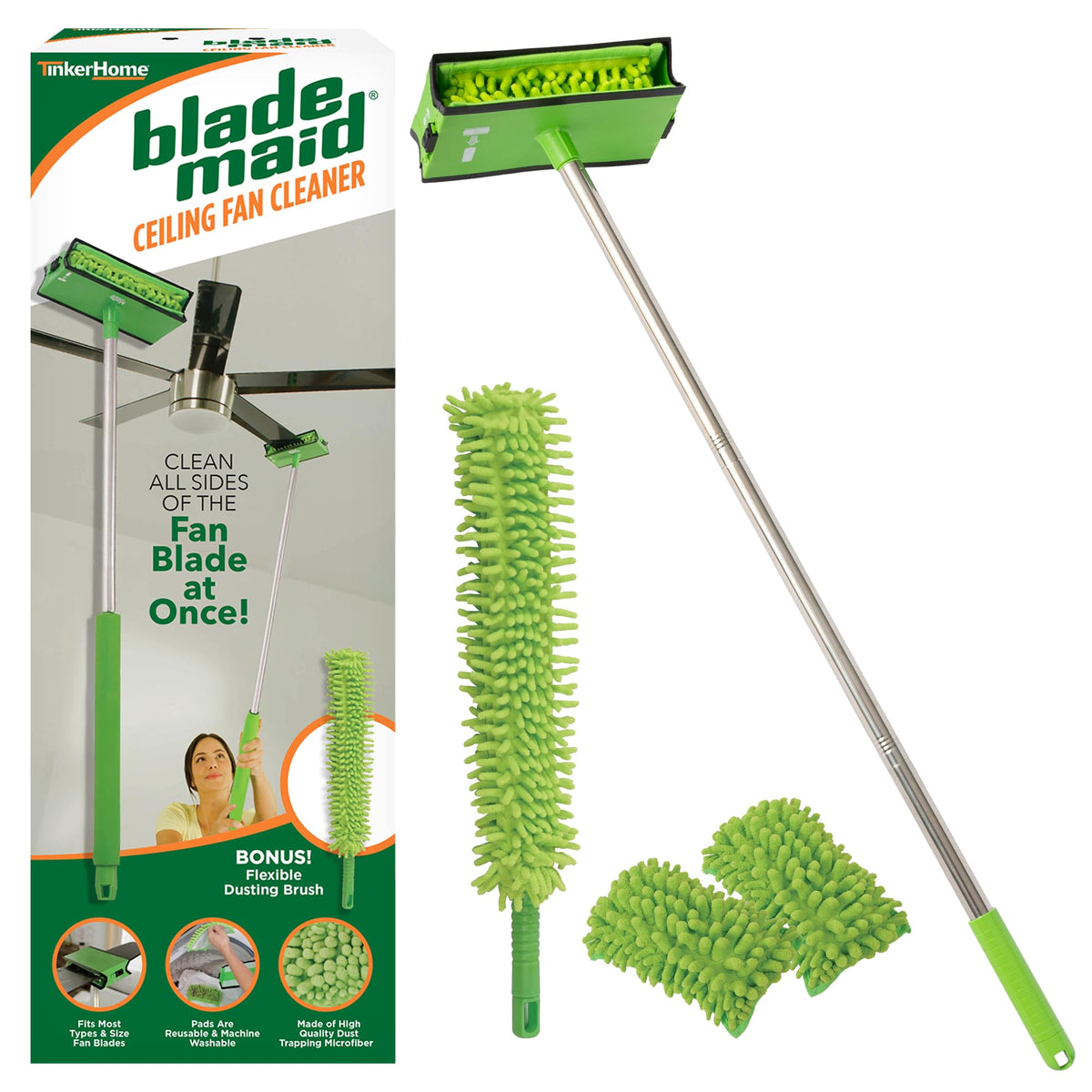 Blade Maid front view of complete cleaning kit showing pole and accessories for easy reach
