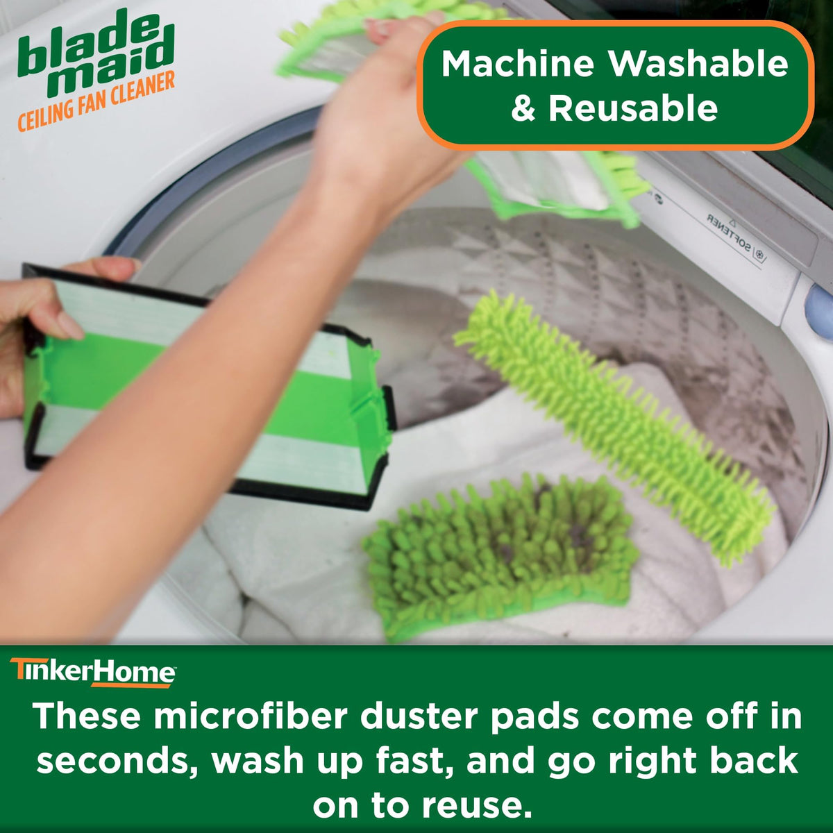 Blade Maid lifestyle shot cleaning a high ceiling fan demonstrating ladder-free safety