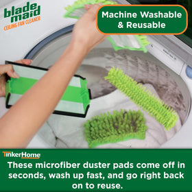 Blade Maid lifestyle shot cleaning a high ceiling fan demonstrating ladder-free safety