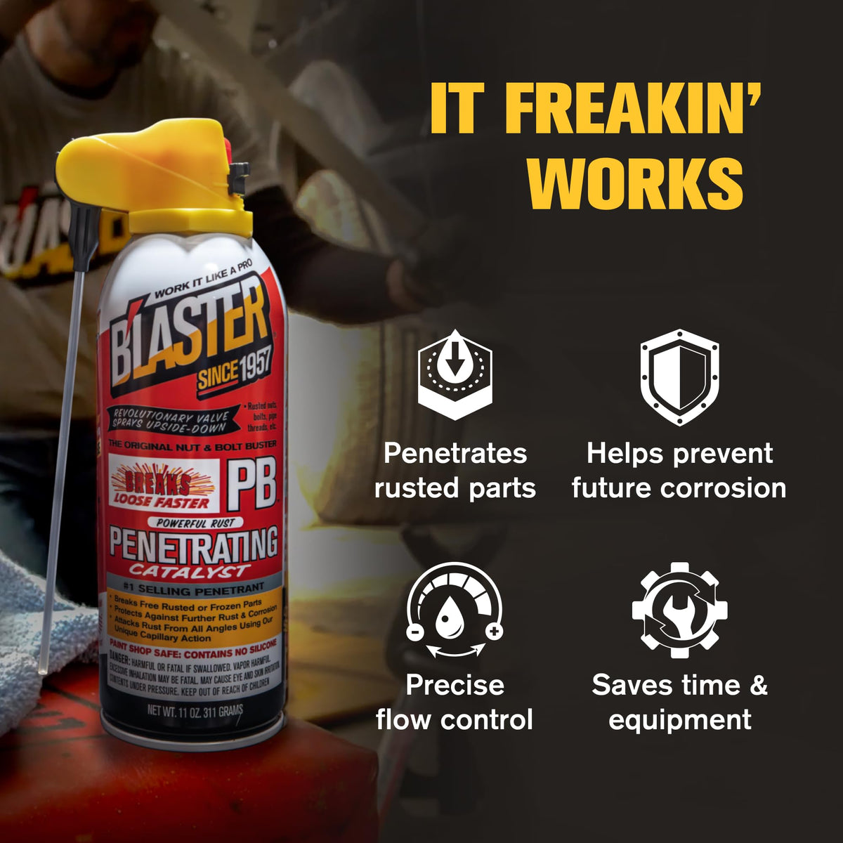 Blaster PB Blaster aerosol spray stream reaching tight gaps to loosen bolts