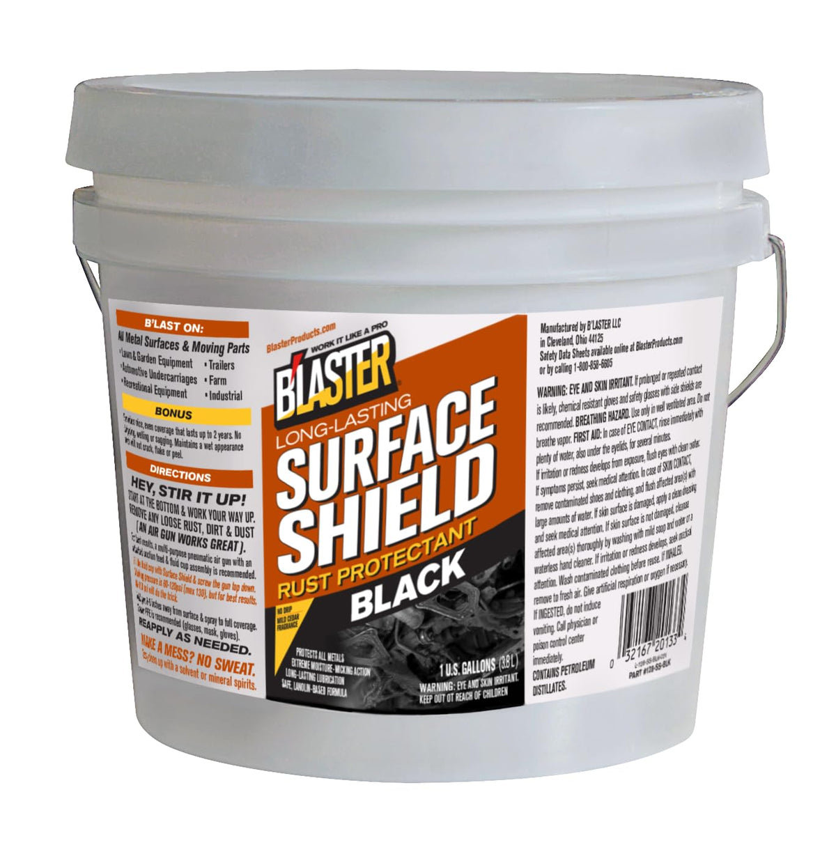 Blaster pail front view showing black undercoating label and professional corrosion protection