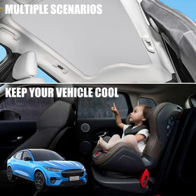 Blazeray lifestyle view on parked Mach‑E demonstrating sun protection