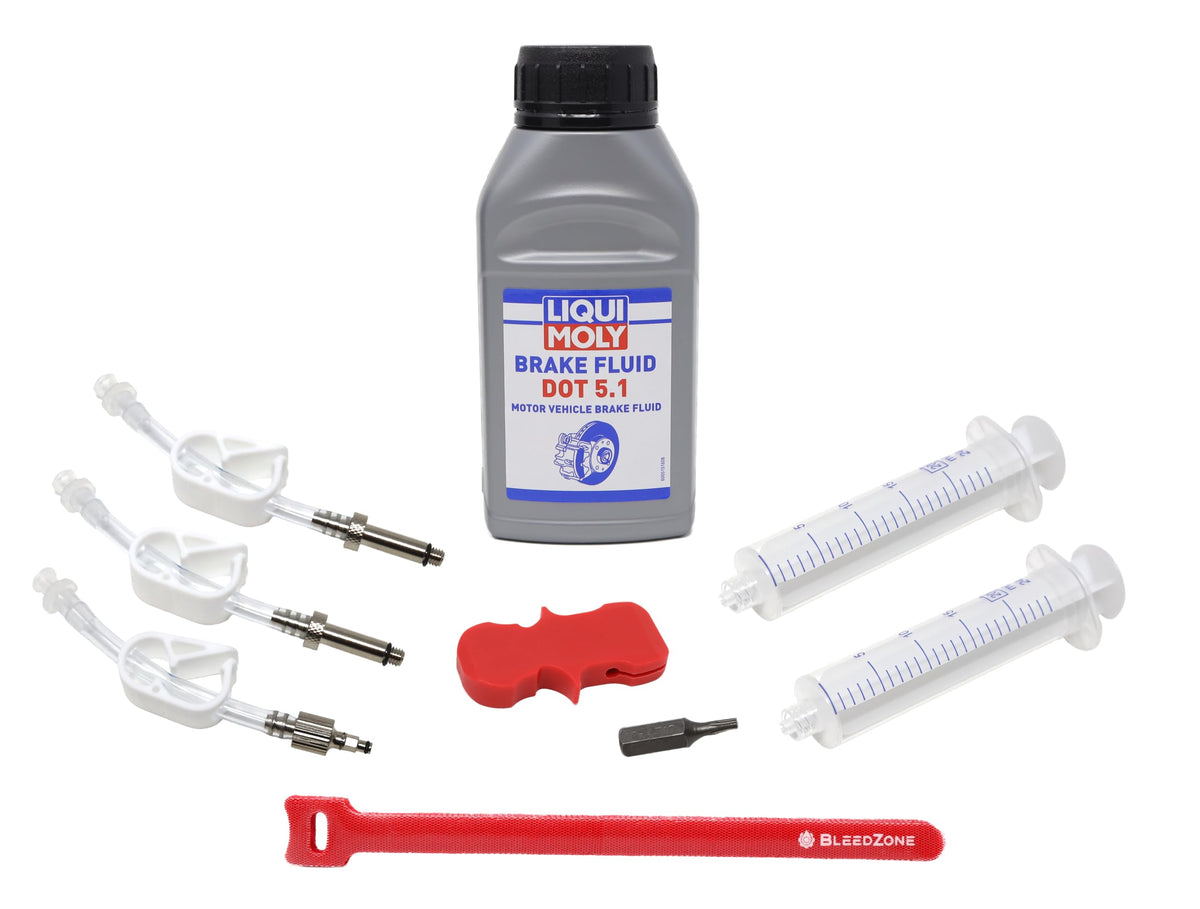 BleedZone DOT 5.1 fluid bottle closeup ensuring correct brake fluid