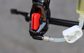 BleedZone kit in use bleeding a SRAM brake for firmer lever feel