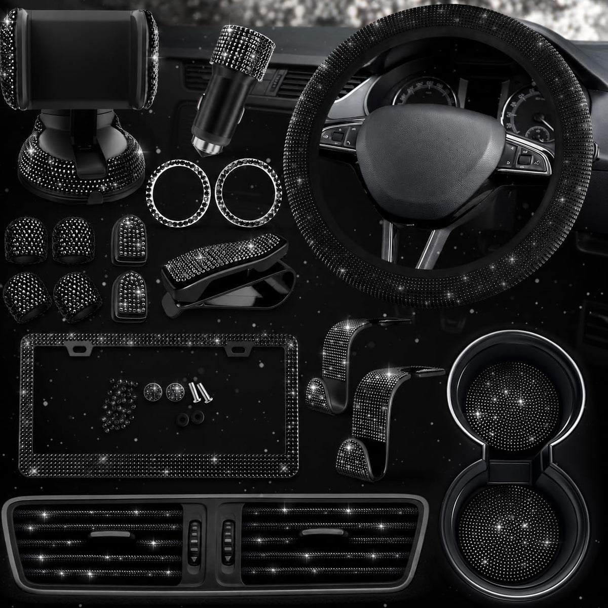 Bling Car Decor front kit layout showing all 27 pieces for cohesive style