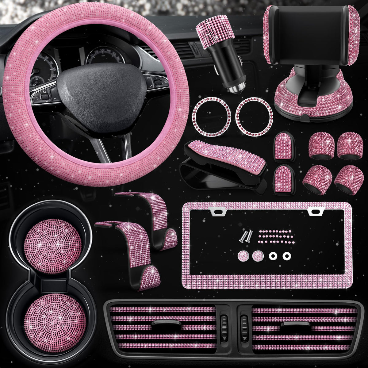 Bling Car Decor front packaging showing pink 27-piece set and contents, stylish gift