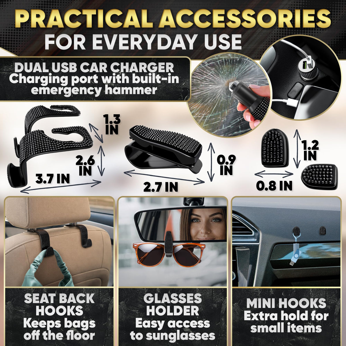 Bling Car Decor hook and organizer detail for tidy, decorative storage