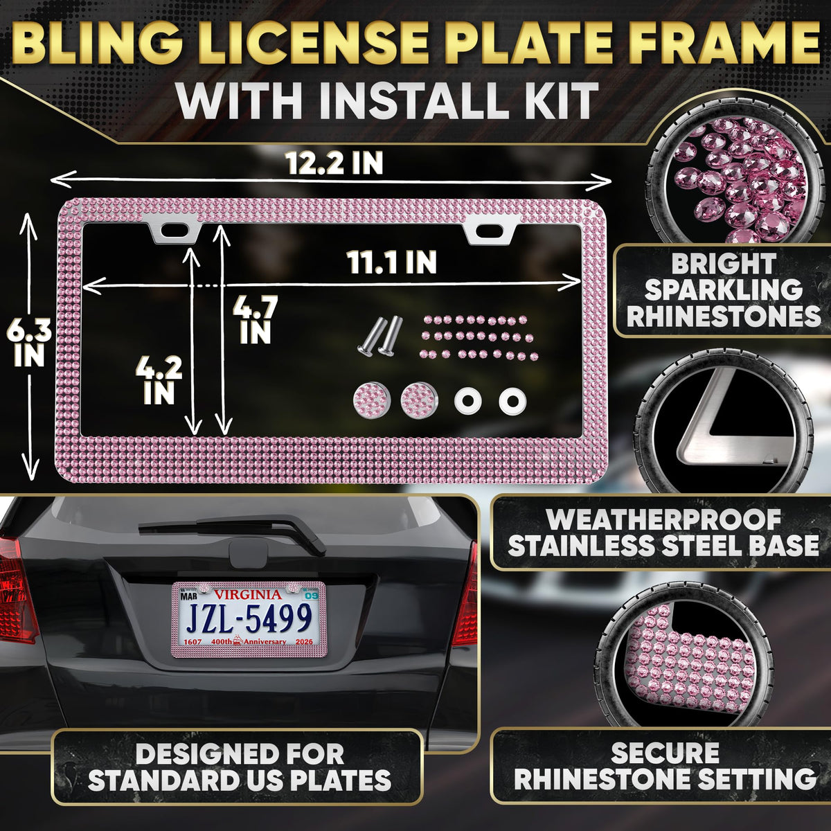 Bling Car Decor pieces next to ruler for size comparison, shows fit for steering wheel