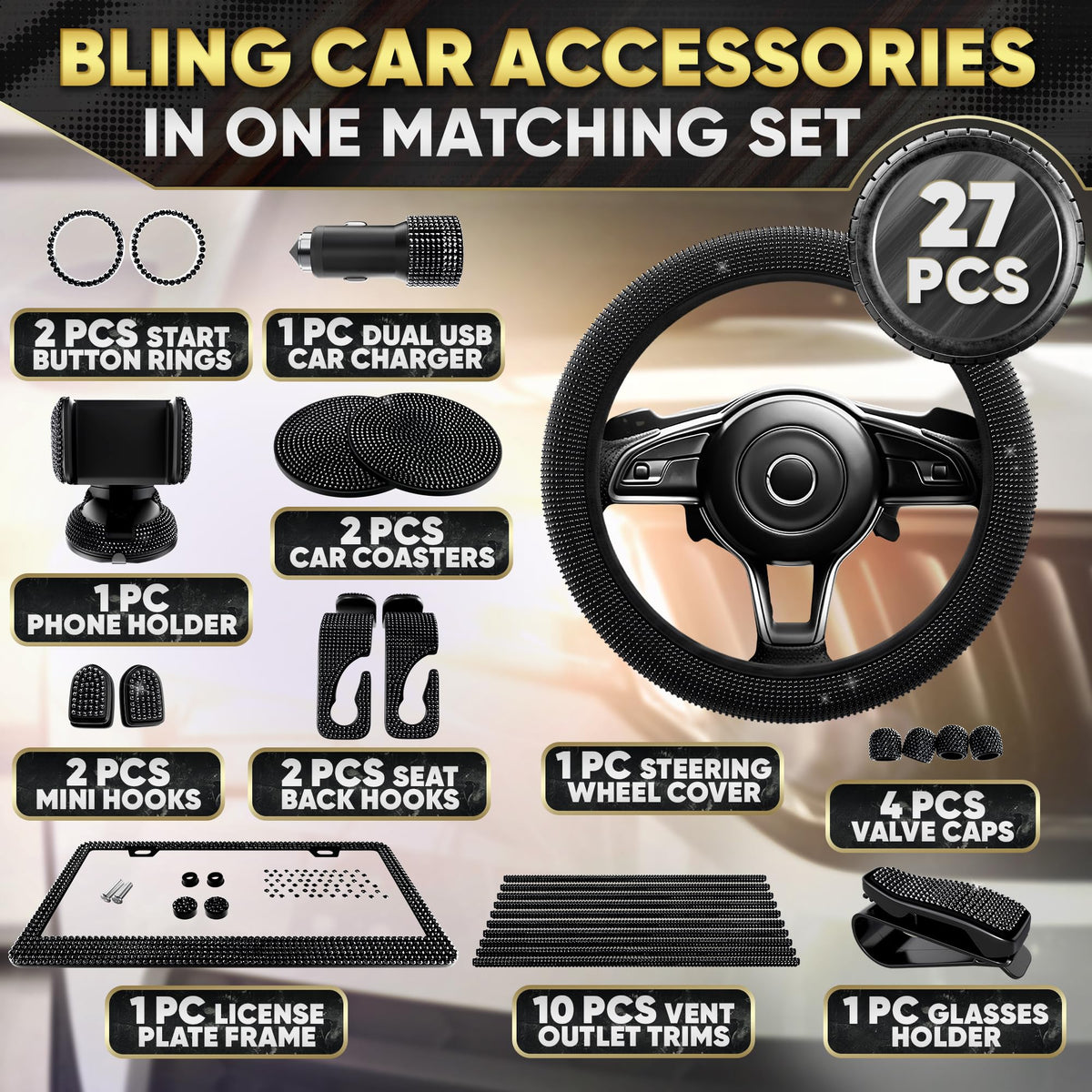 Bling Car Decor steering wheel close-up showing rhinestones and better grip
