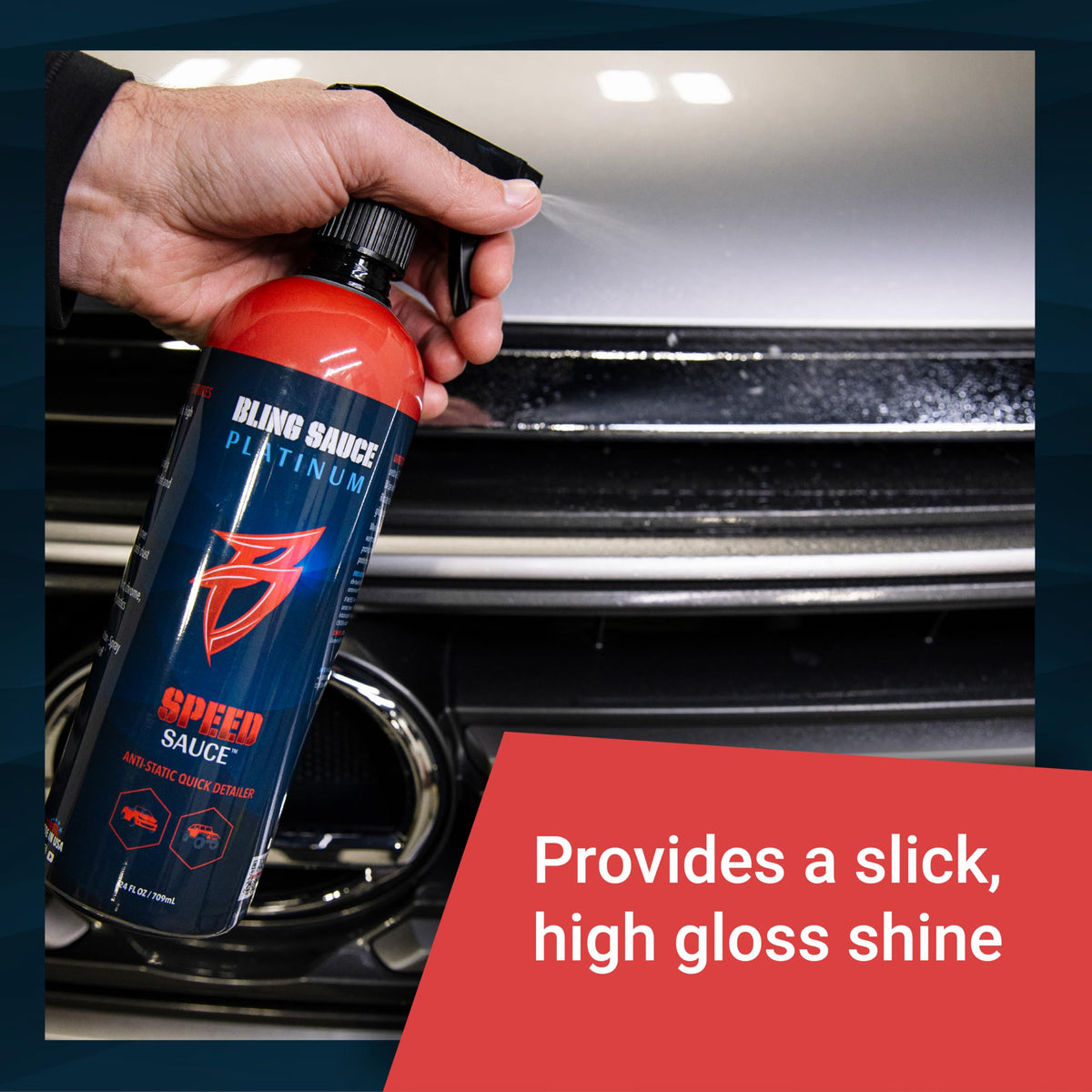 Side-by-side before and after car panel treated with Bling Sauce showing restored shine benefit