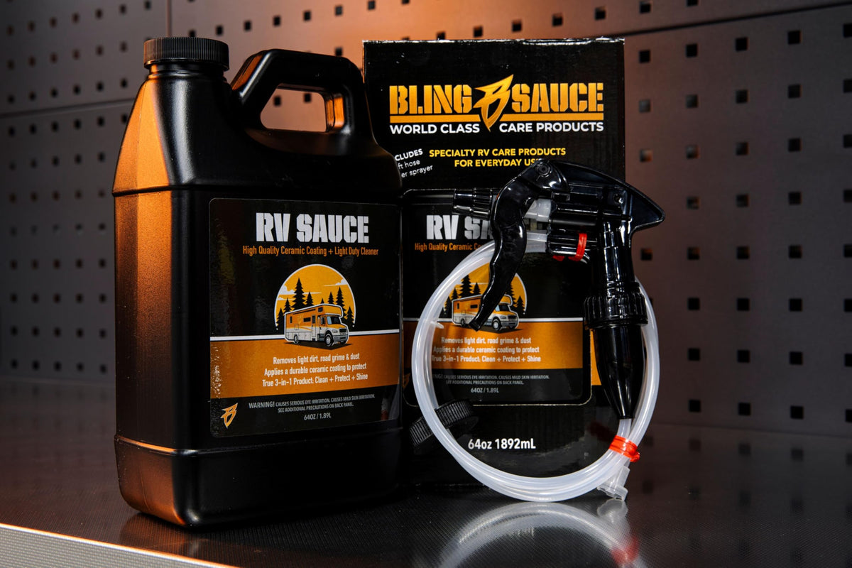 Bling Sauce being sprayed on an RV side with extension pole demonstrating safe high-area reach and shine