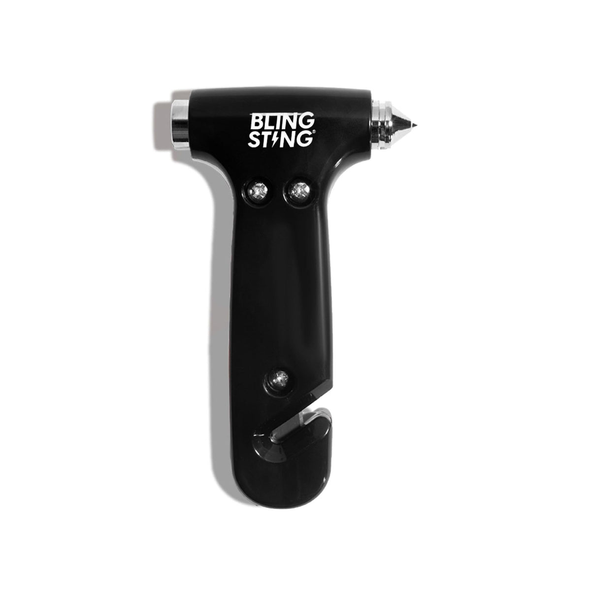 BLINGSTING front view showing compact emergency hammer and benefits of quick access