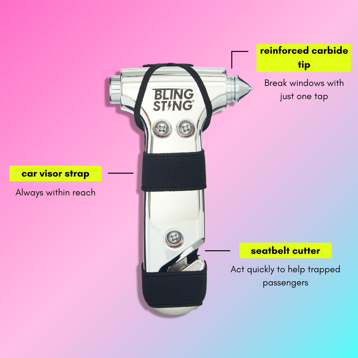 BLINGSTING recessed seatbelt cutter detail showing safe fast cutting benefit