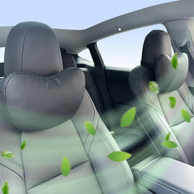 BlissfulNest lifestyle image of driver with pillow in Tesla showing comfortable support