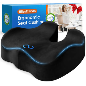 BlissTrends front view of cushion showing sleek black design and instant comfort