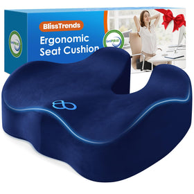 BlissTrends front view of blue memory foam cushion shows supportive shape and immediate comfort