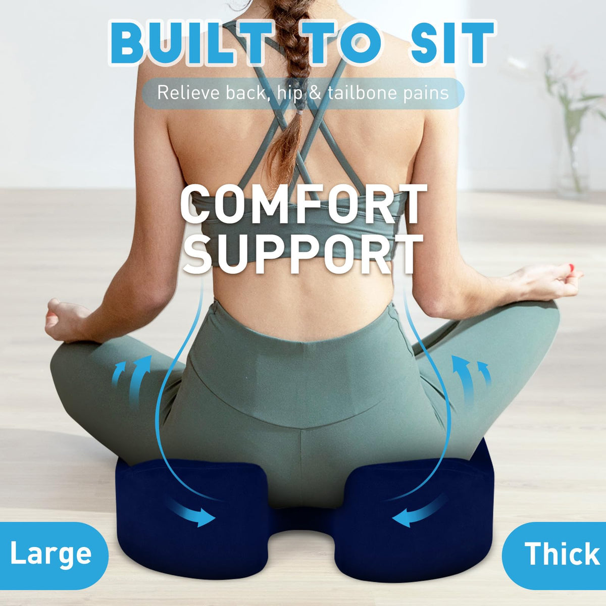 BlissTrends cushion placed on office chair providing ergonomic support during desk work