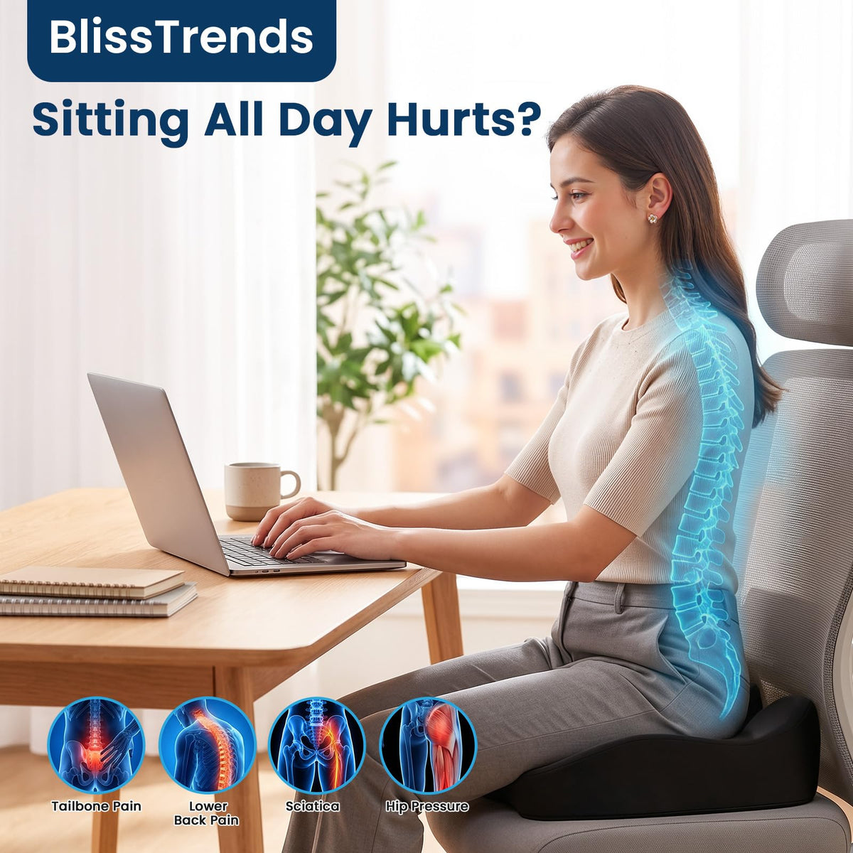 BlissTrends cushion placed on office chair improving posture and seat comfort