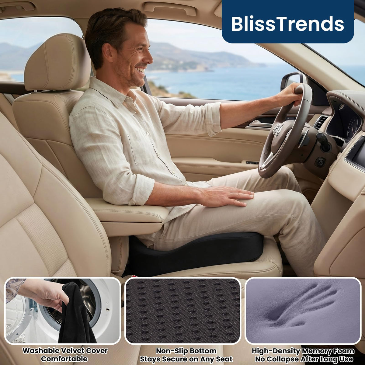 BlissTrends cushion on wheelchair offering stable support and pressure relief