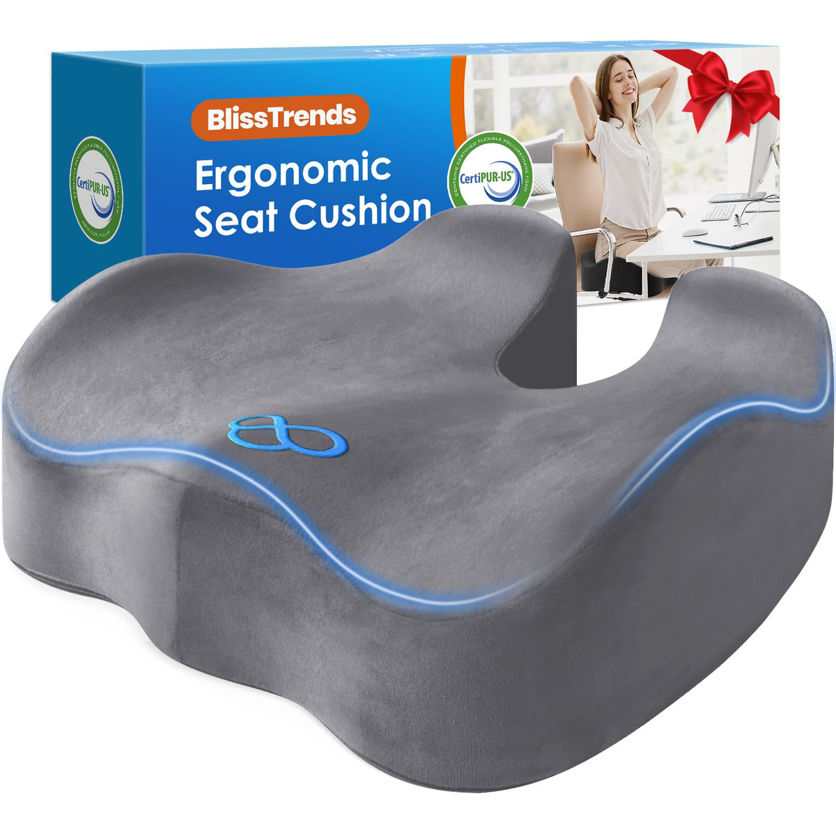 BlissTrends front view of XL seat cushion showing size and light grey cover for comfortable seating