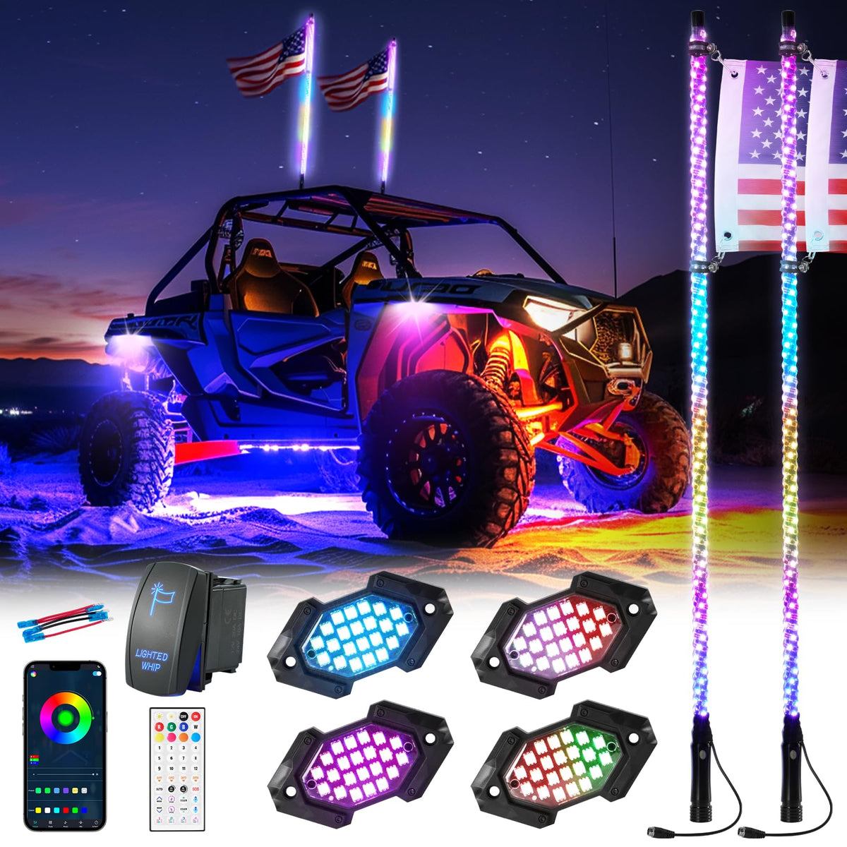 Blogole front package showing whip and rock lights, highlights kit completeness