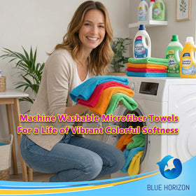 Blue Horizon towels arranged in commercial cart for efficient workflow
