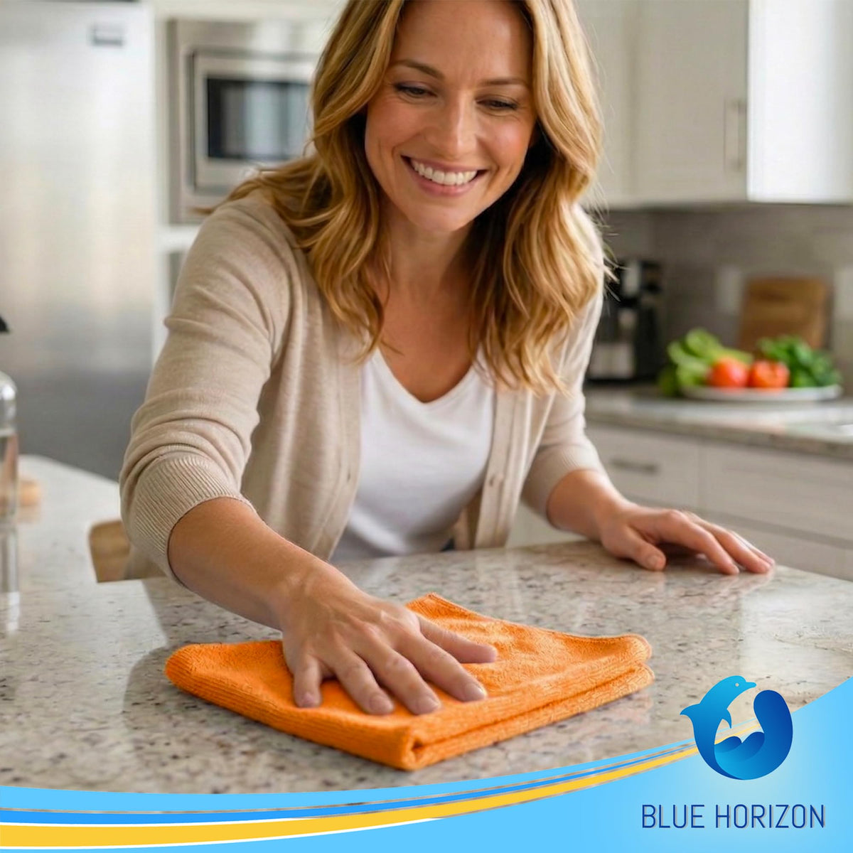 Blue Horizon towel absorbing spilled water to show high absorbency