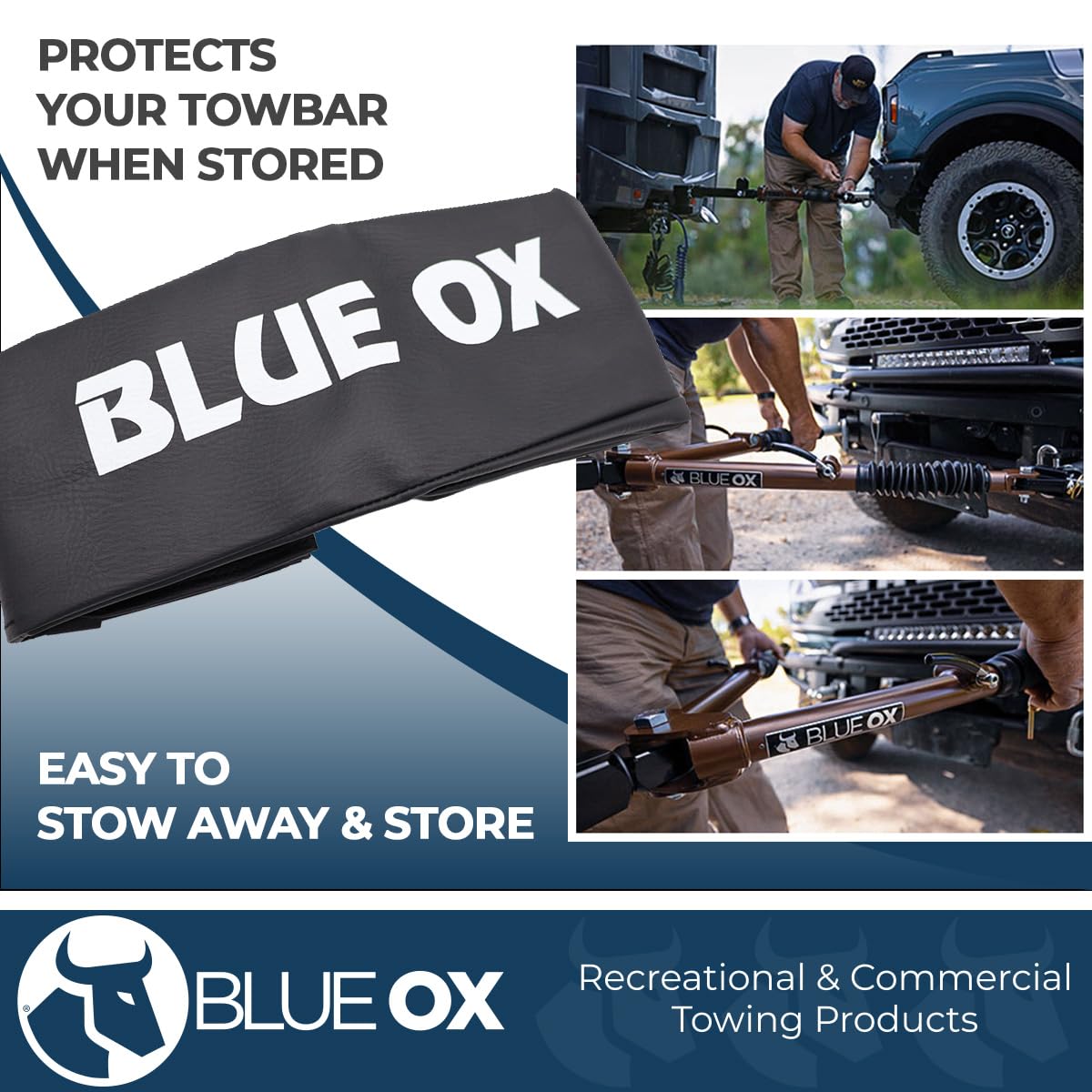 Blue Ox cover installed on tow bar demonstrating easy slip-on benefit
