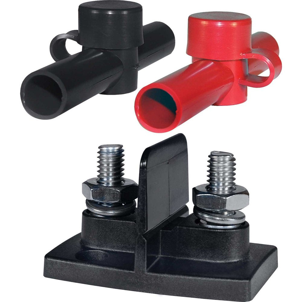 Blue Sea Systems POWERPOST front view with red and black insulators showing secure connections