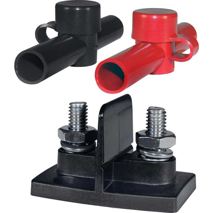 Blue Sea Systems POWERPOST front view with red and black insulators showing secure connections