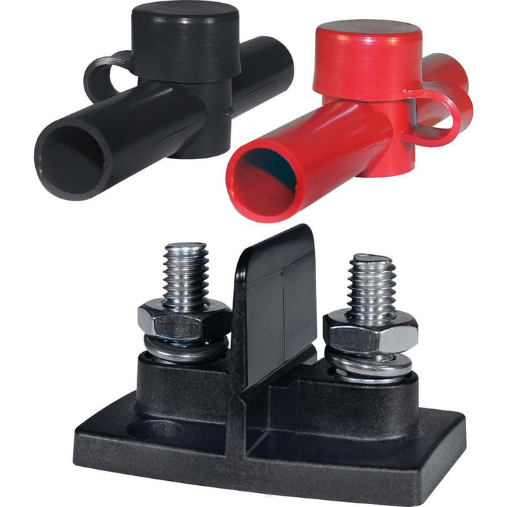 Blue Sea Systems POWERPOST front view with red and black insulators showing secure connections