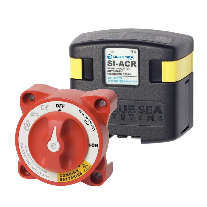 Blue Sea Systems front panel view showing dual circuit switch and clear labeling, for easy operation