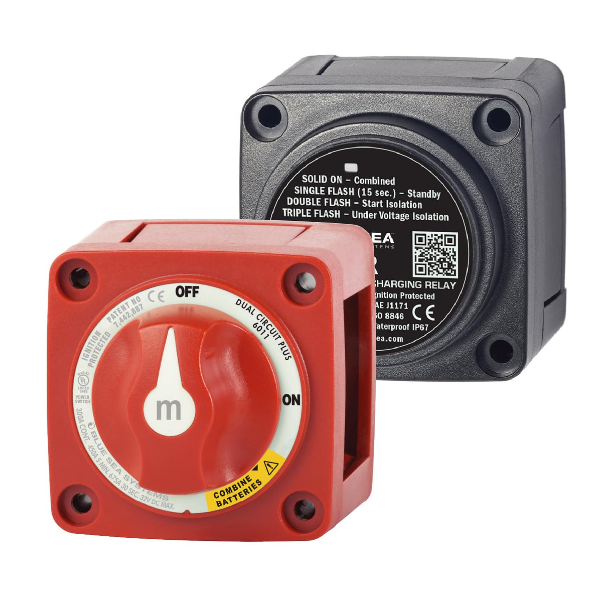 Blue Sea Systems kit front view showing compact switch and relay, improves space efficiency