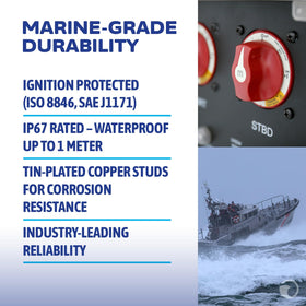 Blue Sea Systems mounted near helm in lifestyle scene, adds dependable battery protection