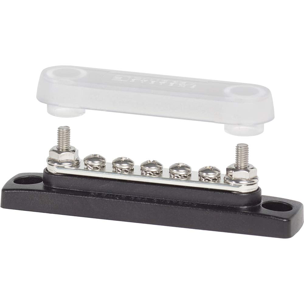 Blue Sea Systems mini busbar top view showing five terminals and clear cover for neat wiring