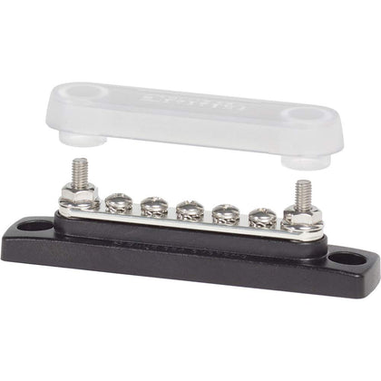 Blue Sea Systems mini busbar top view showing five terminals and clear cover for neat wiring